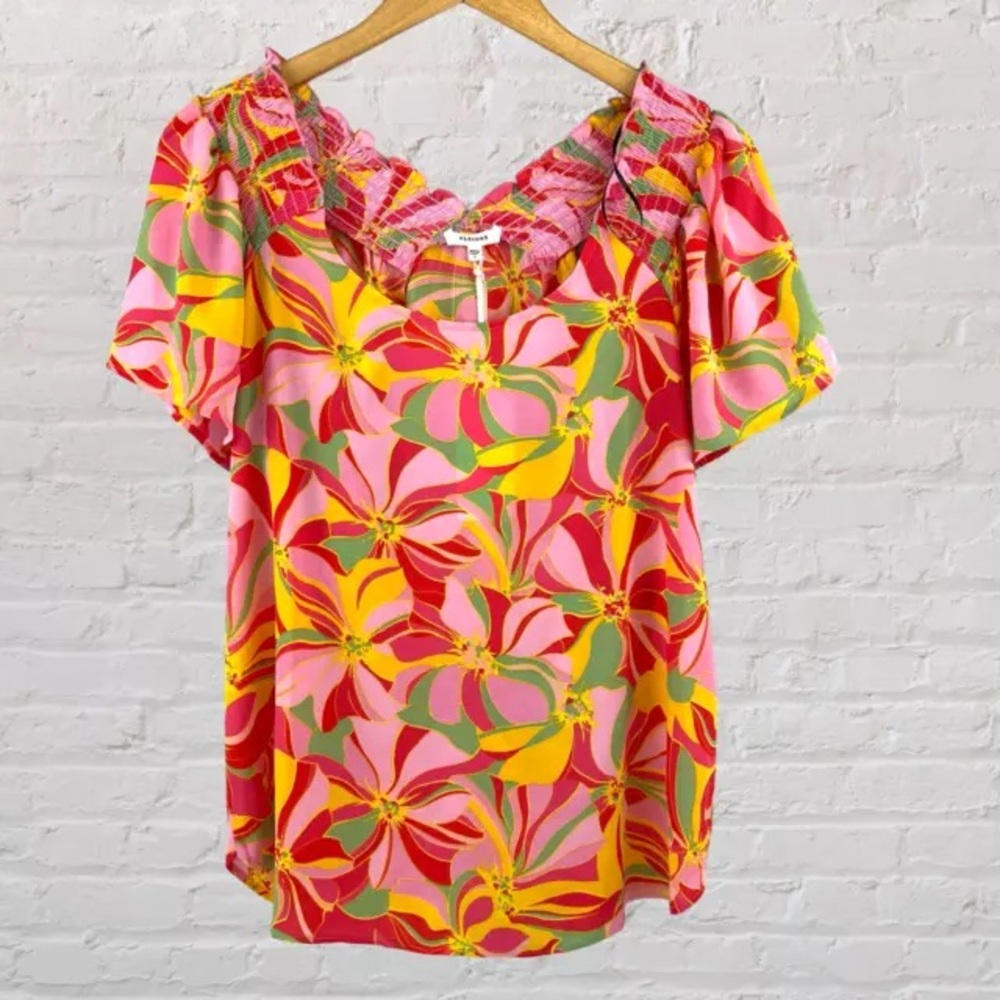 Anthropologie Pleione colorful floral flowy cap sleeve blouse w vneck back NWOT